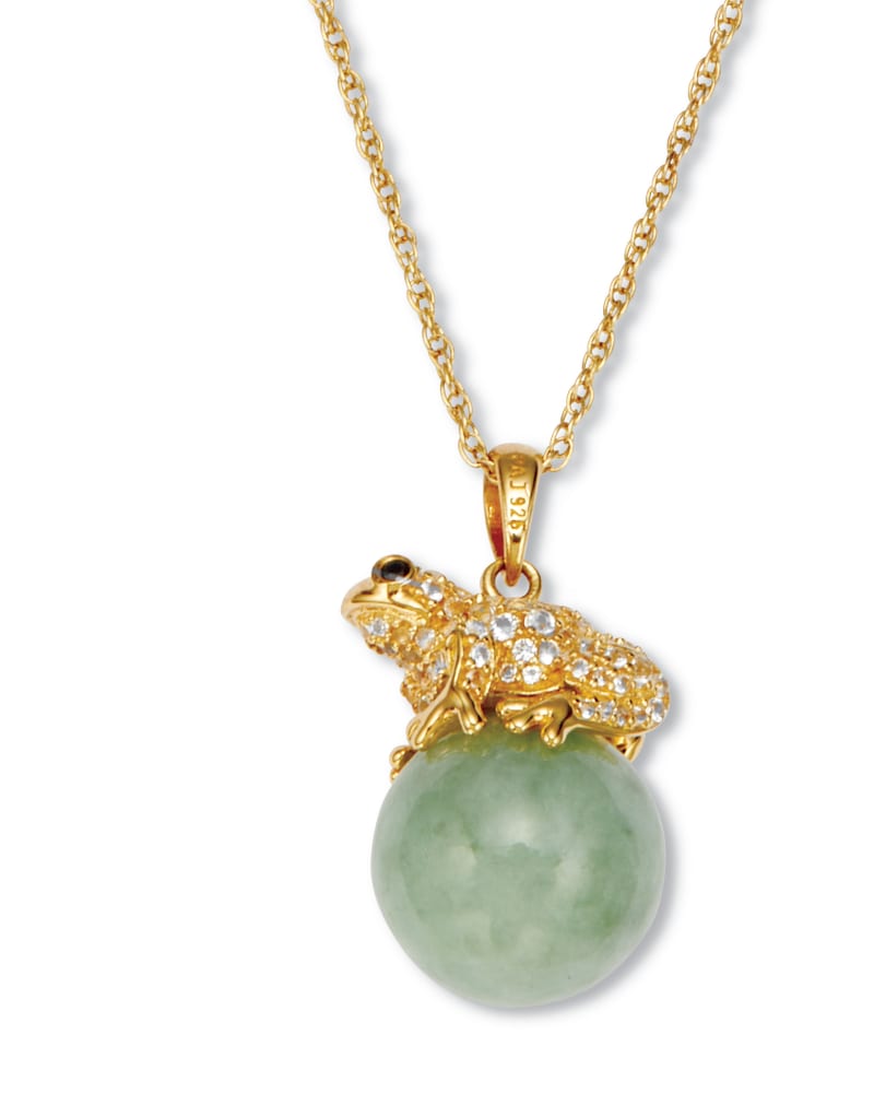 Front of a size One Size Round Genuine Green Jade 18k Gold-plated Frog Pendant Necklace, 18 inches in Green by PalmBeach Jewelry. | dia_product_style_image_id:332964